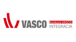 czerwono szary konkursu VASCO Integracja 2020 na białym tle