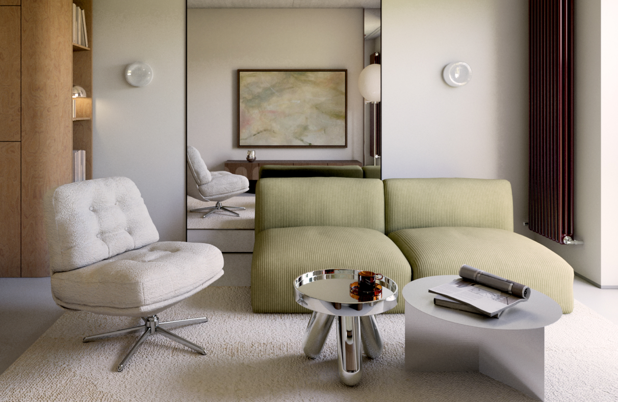 Surowy beton, miękkie formy i srebrne refleksy – mieszkanie na wrocławskim Nadodrzu