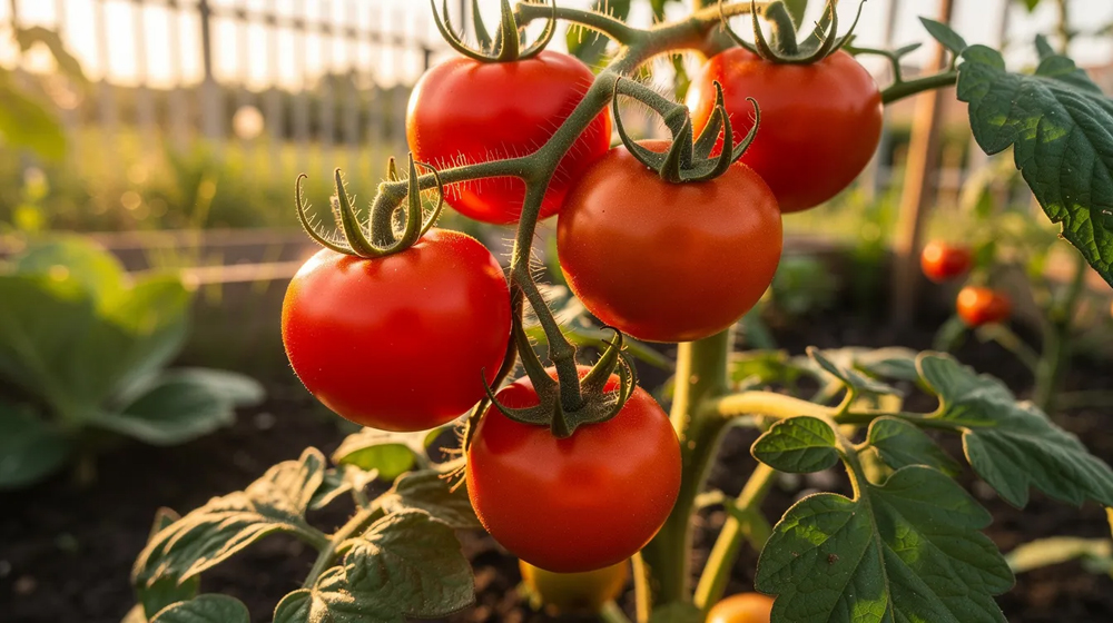 Kalendarz biodynamiczny – praktyczny przewodnik dla ogrodnika i rolnika 2 Na krzaku w przydomowym ogrodzie dojrzewają czerwone pomidory, opalane letnim słońcem, co wskazuje na korzystny okres do zbiorów. W tle widać zielone liście, które stanowią idealne tło dla roślin owocowych, a ich pielęgnacja w zgodzie z kalendarzem biodynamicznym może przynieść najlepsze efekty