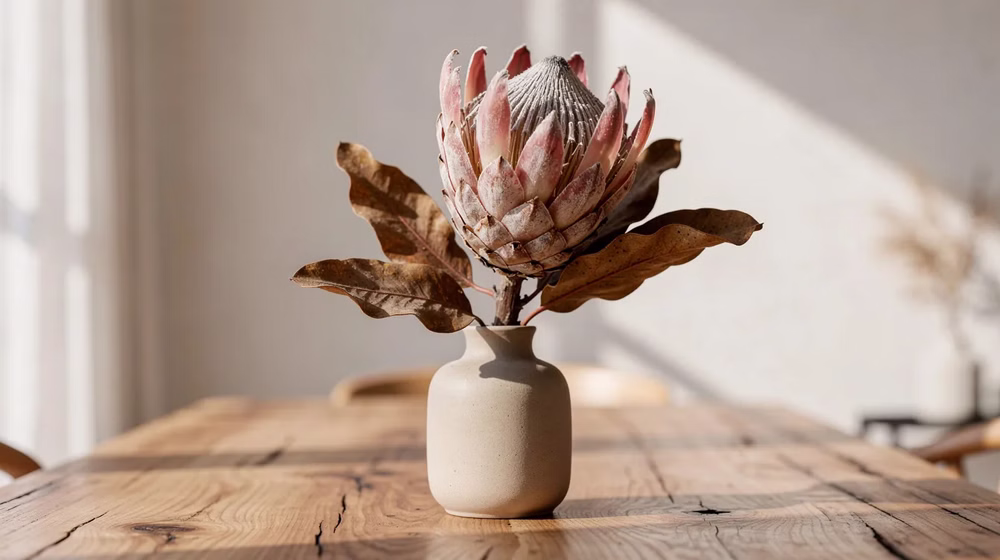 Protea królewska (Protea cynaroides) – uprawa, zastosowanie i tajemnice „kwiatu Prometeusza" 3 Na drewnianym stole w jasnym wnętrzu znajduje się ceramiczny wazon z suszoną proteą królewską, której barwne szyszki i okazałe kwiatostany nadają egzotyczny charakter aranżacji. Wazon podkreśla naturalny urok rośliny, idealnie komponując się z otoczeniem