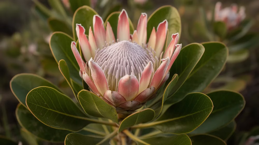 Protea królewska (Protea cynaroides) – uprawa, zastosowanie i tajemnice „kwiatu Prometeusza" 1 Zbliżenie na otwierający się kwiatostan protei królewskiej, otoczony zielonymi, skórzastymi liśćmi, ukazuje imponujące, barwne szyszki, które przyciągają wzrok swoim egzotycznym charakterem. Kwiatostany tej rośliny, znanej z Afryki Południowej, mają wypukłe wnętrze, co czyni je wyjątkowym elementem w ogrodach i bukietach.