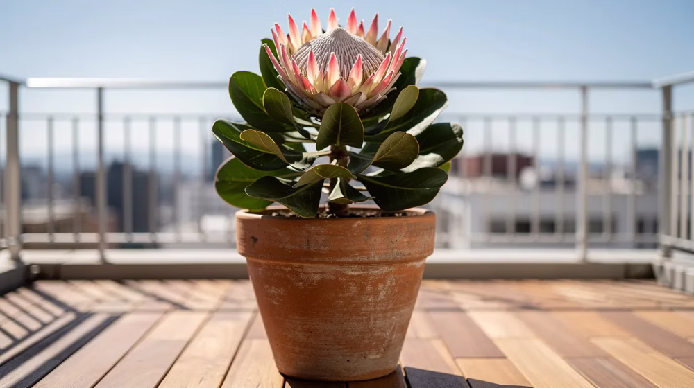 Protea królewska (Protea cynaroides) – uprawa, zastosowanie i tajemnice „kwiatu Prometeusza" 2 Na słonecznym balkonie znajduje się duża gliniana donica z imponującą proteą królewską, której okazałe kwiatostany w kolorze czerwonym przyciągają uwagę. Roślina ta, pochodząca z Afryki Południowej, charakteryzuje się mocno owłosionymi listkami i egzotycznym wyglądem, idealnie komponując się w letniej scenerii