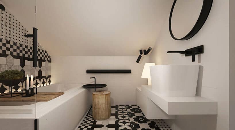 biała łazienka na poddaszu z czarnymi elementami
