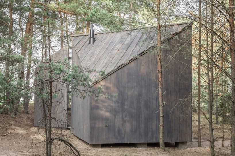 mały drewniany domek bookwarm cabin w środku lasu widok z tyłu