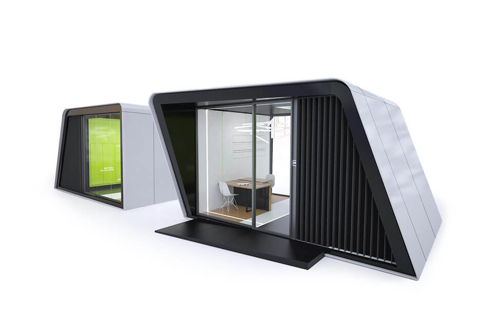 szaro-czarny metalowy box z dużym oknem i zielonym wnętrzem