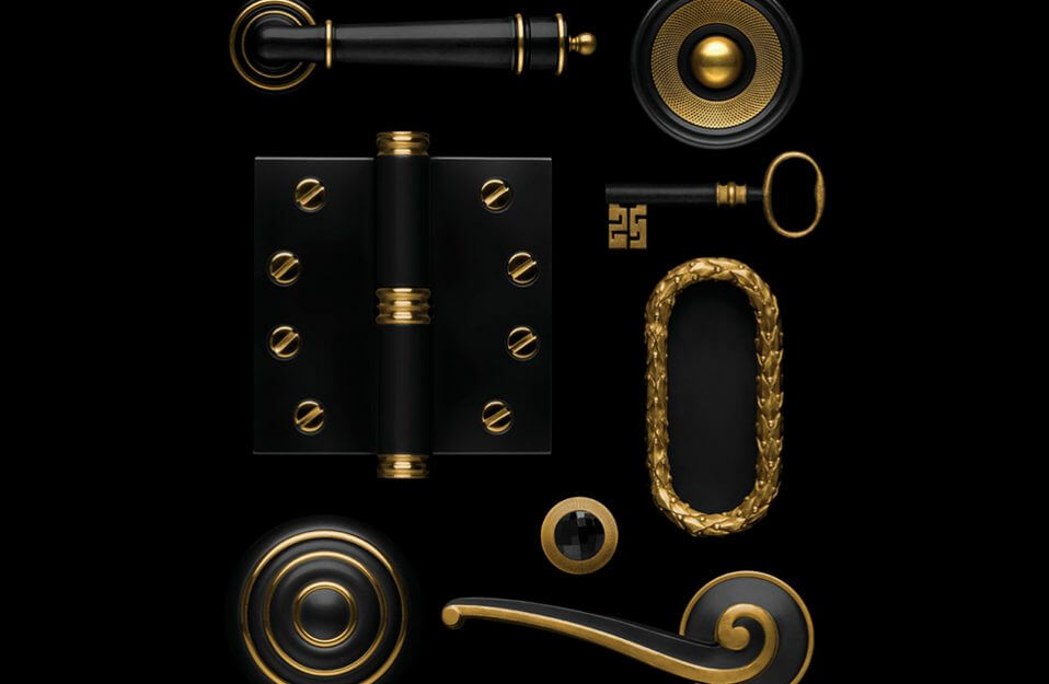czarno-złote ekskluzywne klamki, klucze, zawiasy, gałki do drzwi i dzrwiczek