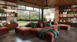 nowoczesne wnętrze domu do relaksu z ciepłymi brązami i zielonymi akcentami