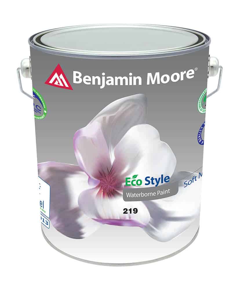 szara puszka farby Benjamin Moore z nadrukiem kwiatu
