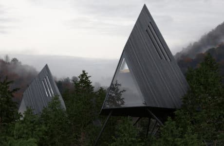 trójkątne z szarych desek domki w środku lasu