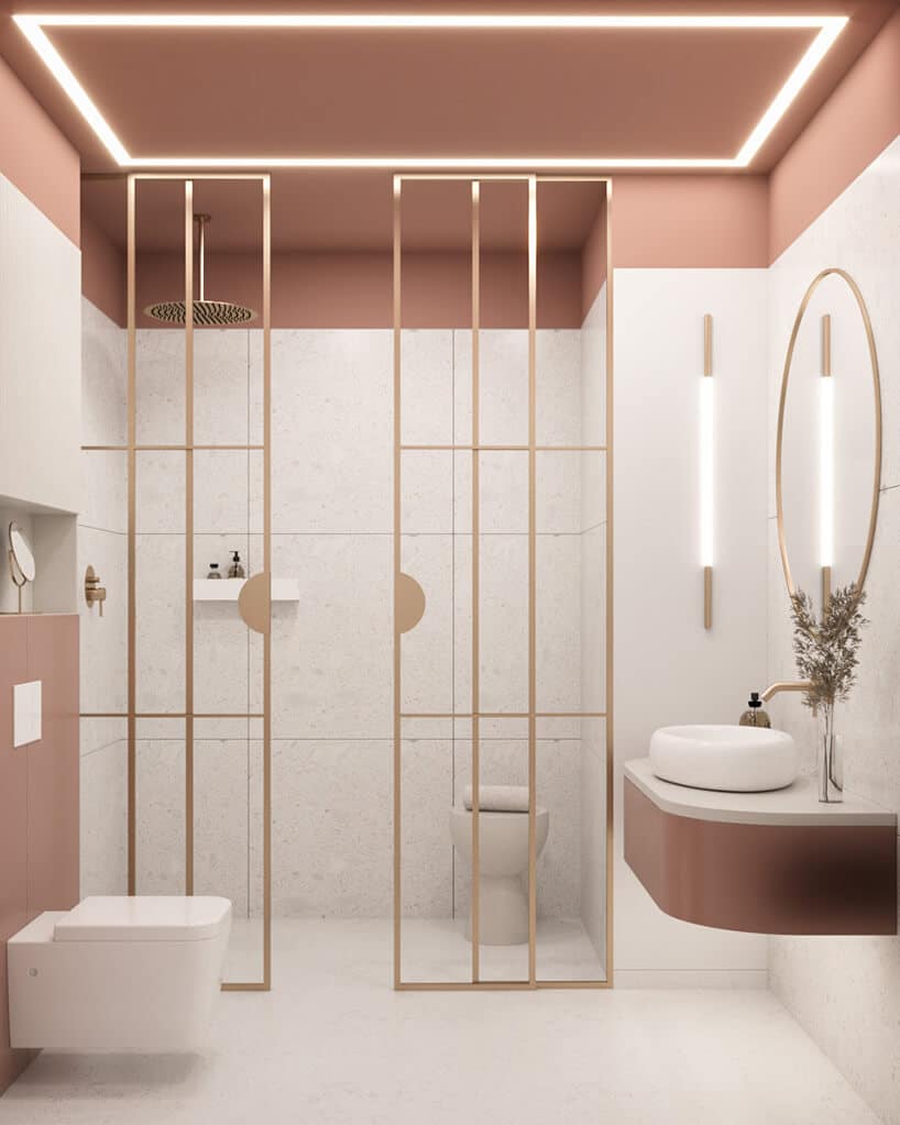 biało różowa łazienka z szklanymi panelami ze złotą obramówką