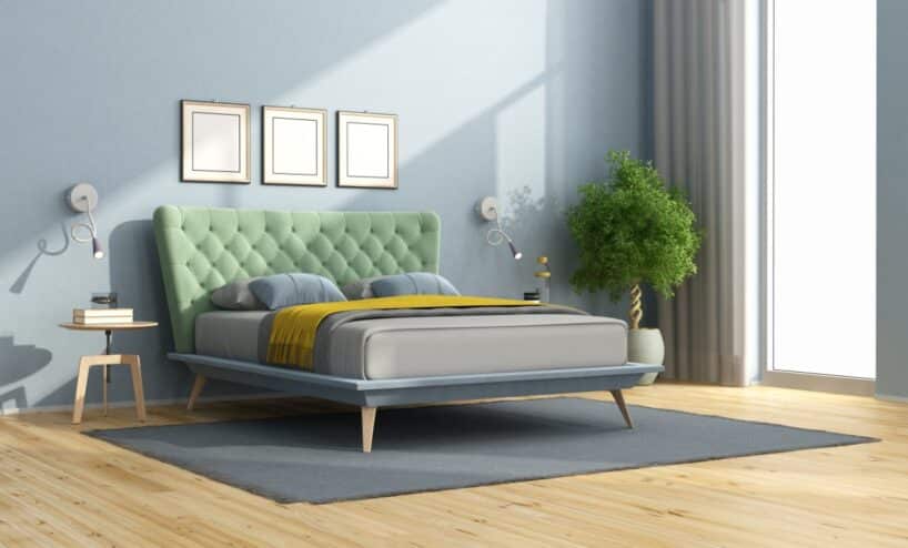 minimalistyczne łóżko z zielonym zagłówkiem render