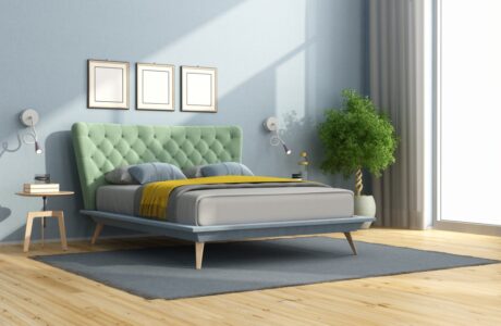 minimalistyczne łóżko z zielonym zagłówkiem render ikona