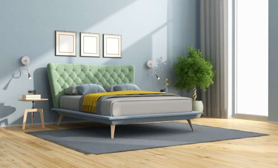 minimalistyczne łóżko z zielonym zagłówkiem render ikona