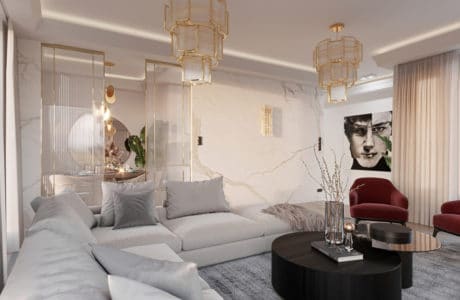 wnętrze eleganckiego apartamentu biały salon z kamieniem na ścianach