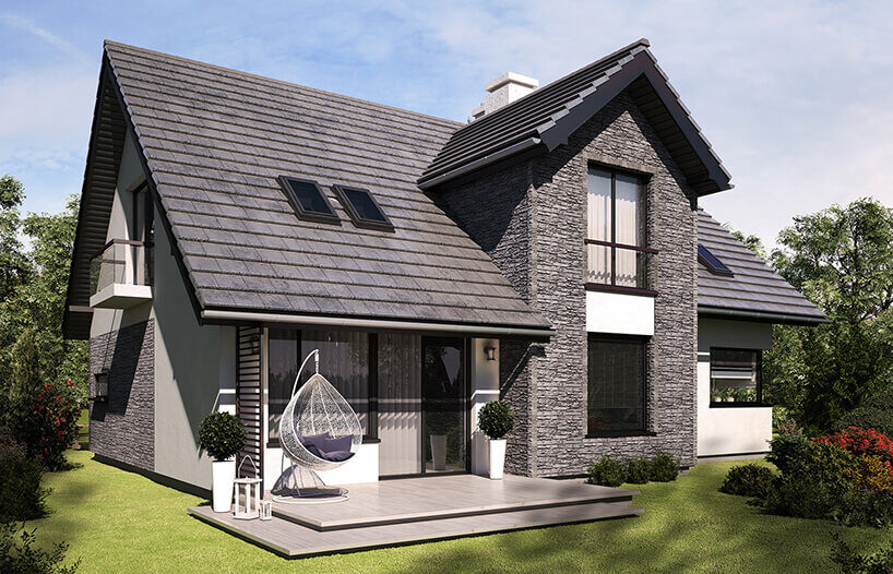 projekt domu z szarym dachem oraz wykończeniem elewacji w kolorze białym z dodatkiem ciemno szarej cegły