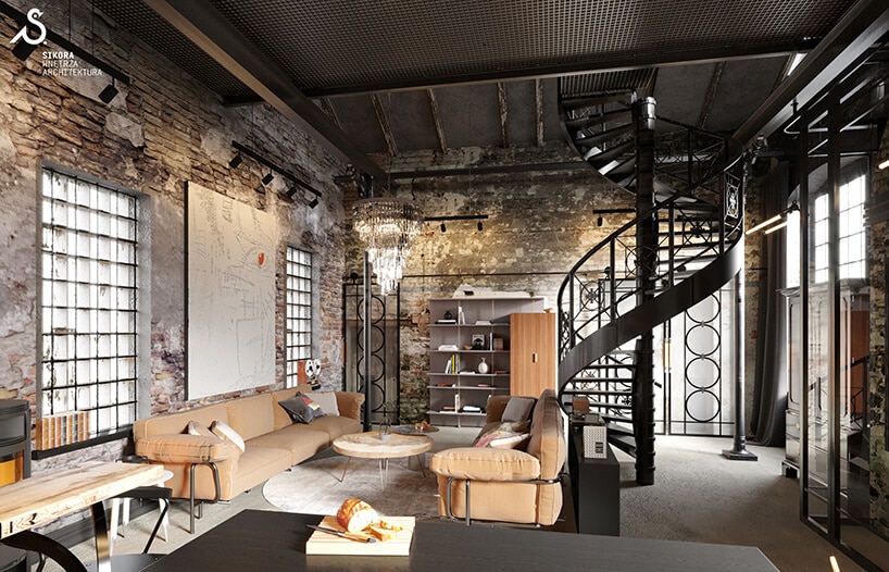eleganckie lofty projektu Sikora Wnętrza salon z metalowymi czarnymi kręconymi schodami