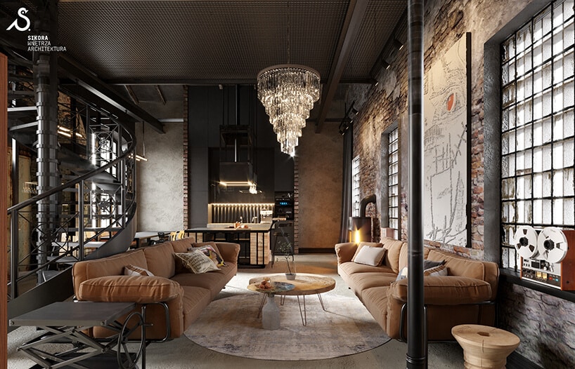 eleganckie lofty projektu Sikora Wnętrza salon z dwoma brązowymi sofami pod pięknym żyrandolem