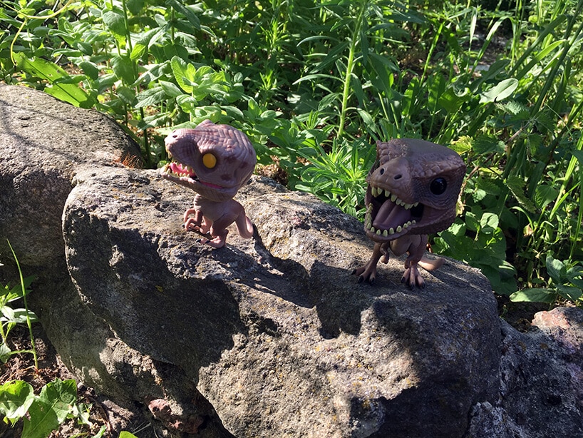 dwie figurki dinozaurów z filmu Jurasic Park na kamieniu