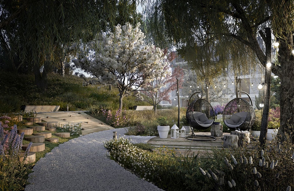 aranżacja parku z drzewami drewnianymi siedziskami z koszami do siedzenia na osiedlu Vialo w stylu hygge w Gdańsku