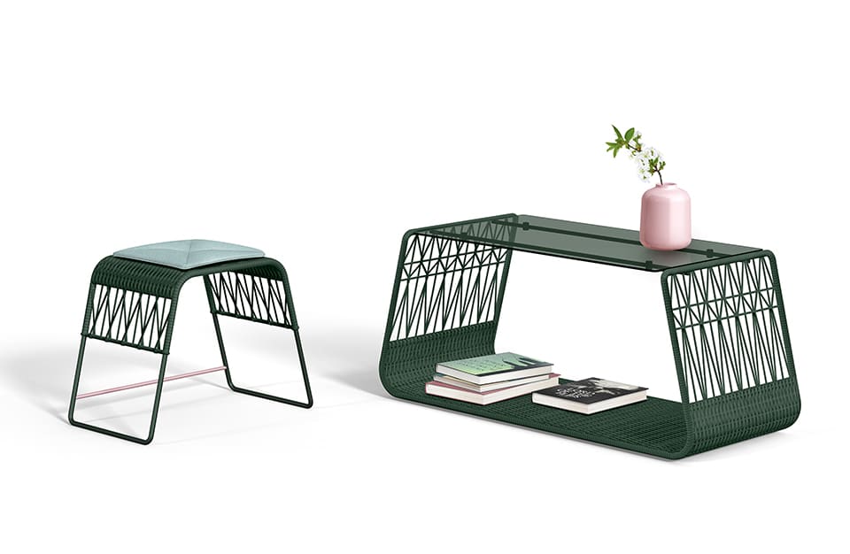 wyjątkowe zielony stołek i stolik od Wicker