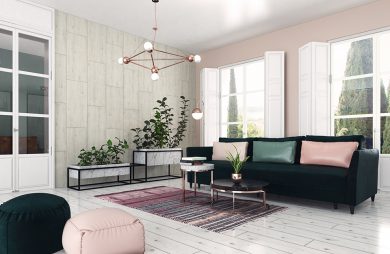 nowoczesne wnętrze salonu z białą podłogą dużą ciemną sofą stolikami i żyrandolem z miedzianym wykończeniem