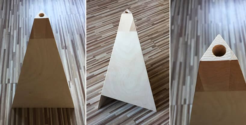 trójkątna lampa z drewna