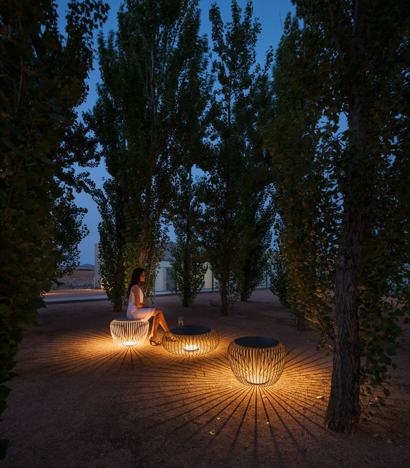 siedząca kobieta w ogrodzie oświetlonymi lampami