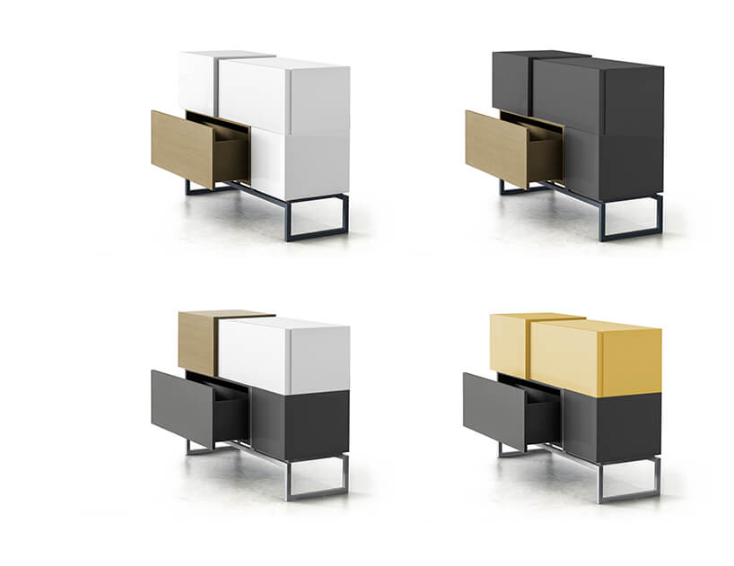 cztery wersje kolorystyczne modułowych szafek Blokk od Bozzetti