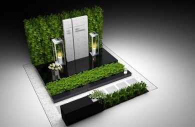 projekt pomnika nagrobnego z elementami zieleni i białą pionową płytą