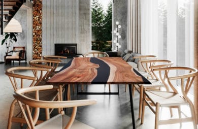 stół z czarnym nie równym paskiem i czarnymi nogami oraz drewnianymi fotelami