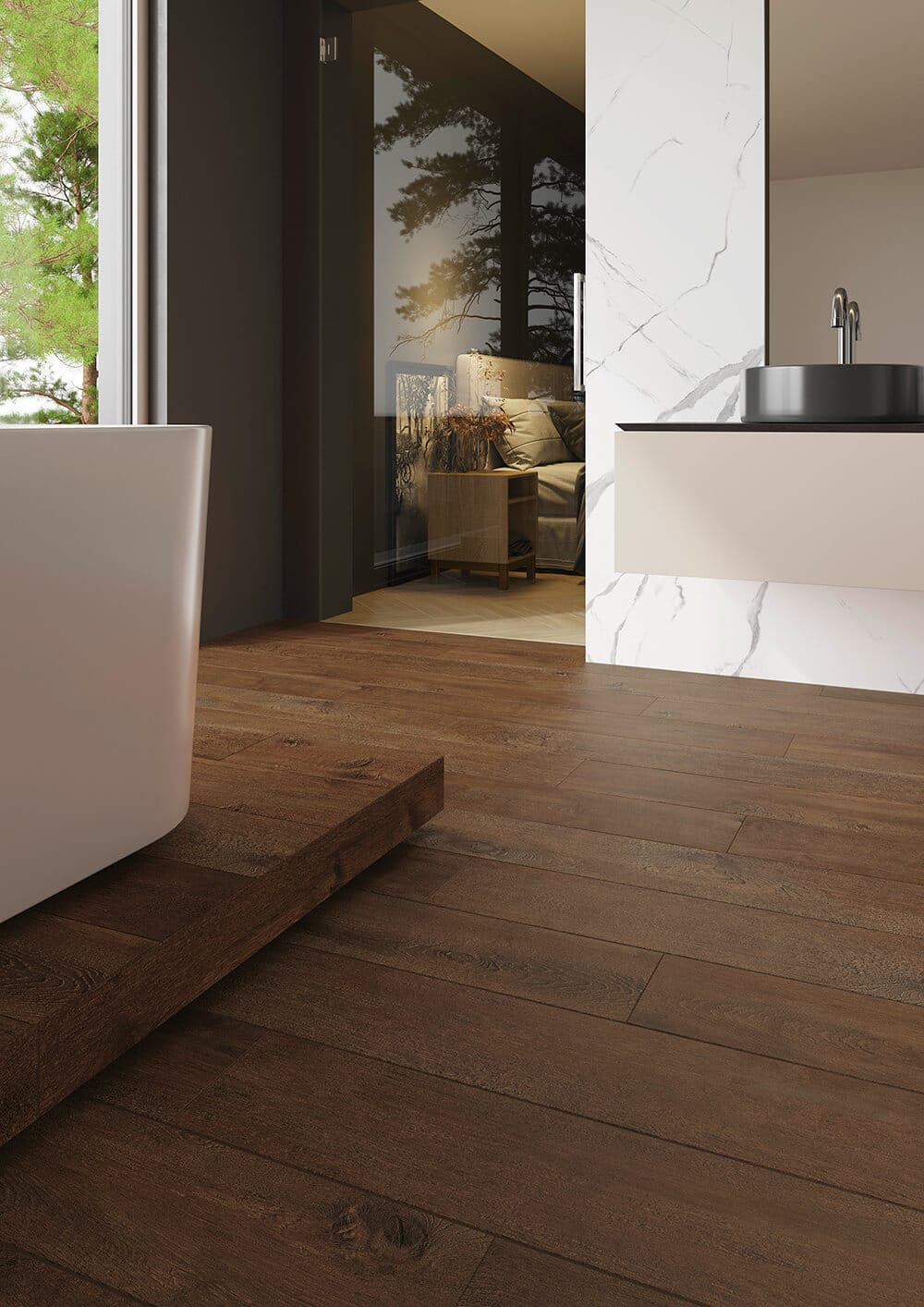 łazienka płytki podłogowe drewnopodobne