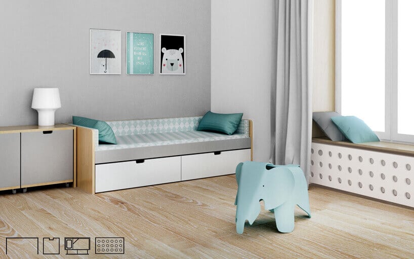 niebieski słonik i łóżko jednosobowe w pokoju dla dziecka