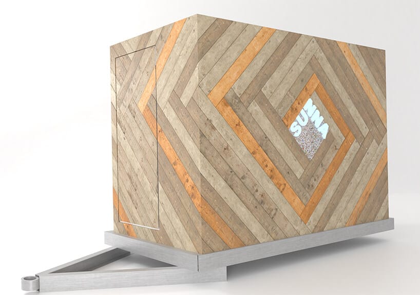 mobilna sauna od MRSatelier bok sauny z drewnianych paneli na metalowej ramie