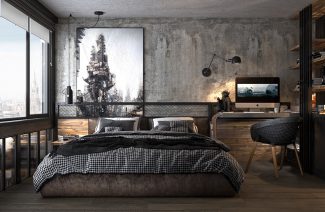 styl industrialny loft sypialna z dużym łóżkiem pośród drewna
