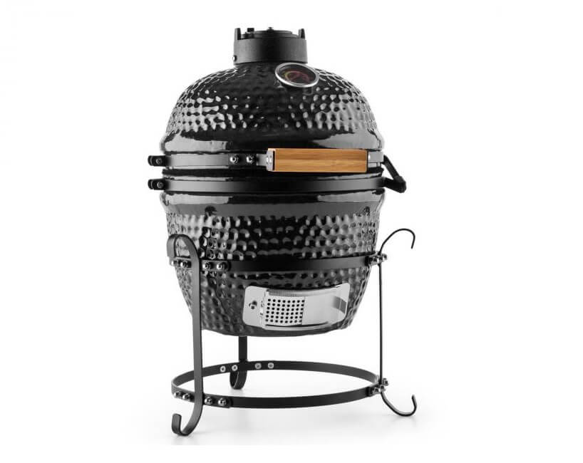 stylowy grill Kamado Prince-Sized z blachy z zagłębieniami z popielnikiem i zegarem z temperaturą i drewnianym uchwytem do otwierania