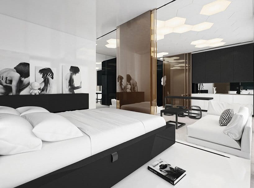 czarno-biała sypialnia z dużą szafą z frontem z luster