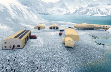 stacja badawcza na Antarktydzie z żółtymi budynkami