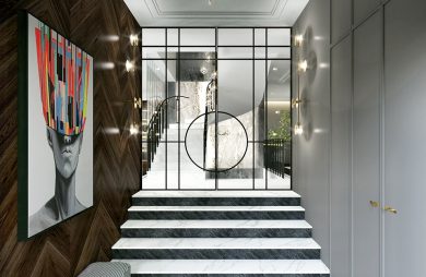 elegancki wejście z biało czarnymi schodami z białą zabudową po jednej stronie i drewnianym wykończeniem ściany