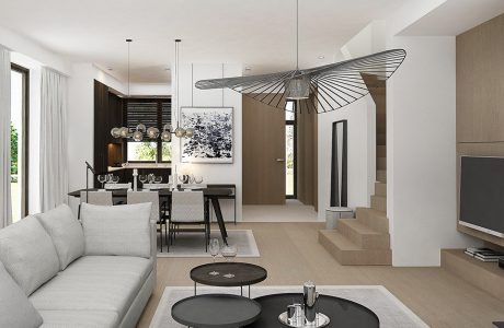 styl minimalistyczny w białym wnętrzu salonu połączonym z kuchnią