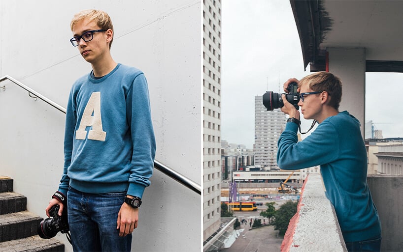 dwa zdjęcia Aleksandra Małachowskiego w niebieskiej bluzie z literą A