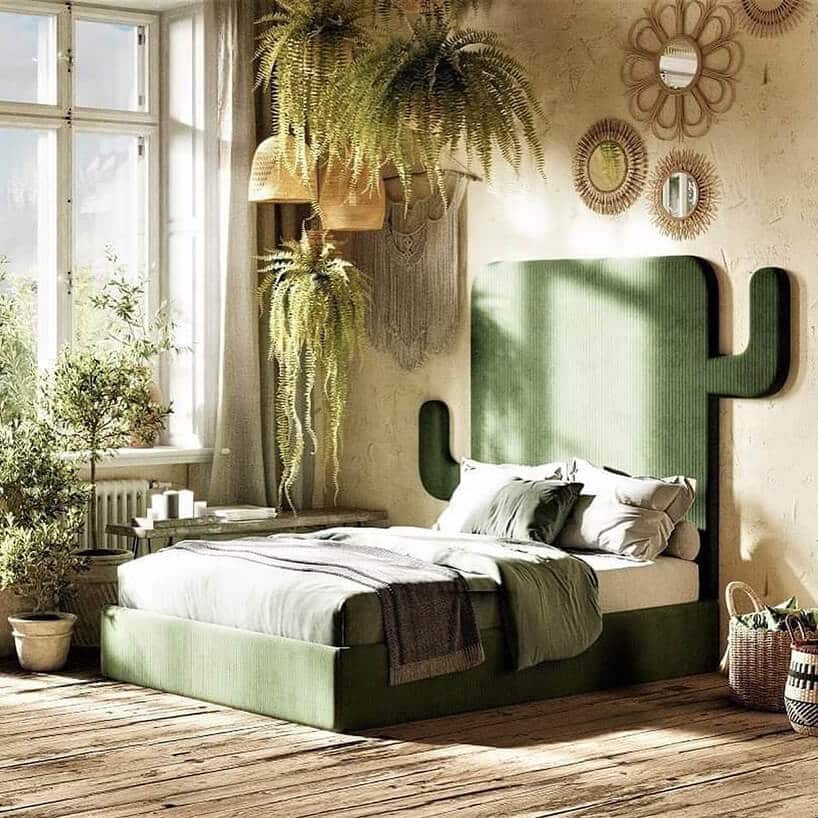 sypialnia z zagłówkiem w kształcie zielonego kaktusa