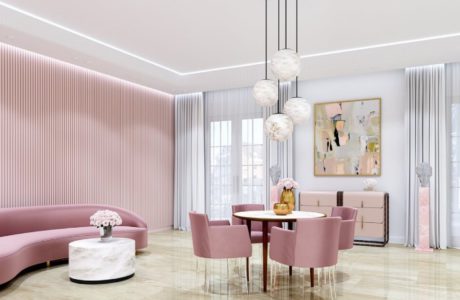salon z elementami różu i różowymi meblami oraz alabastrem