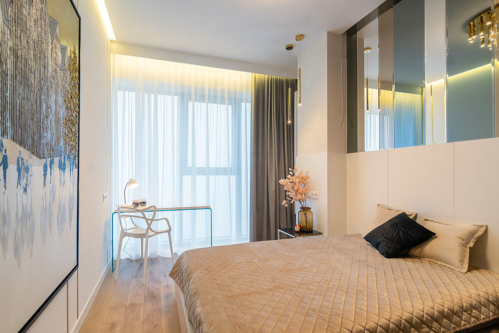 Apartament w Hanza Tower Szczecin - sypialnia, łóżko
