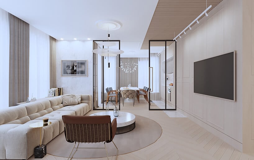 nowoczesny apartament od Sikora Wnętrza jasne beżowe wnętrze salonu z dużą sofą i przeszkloną ścianą