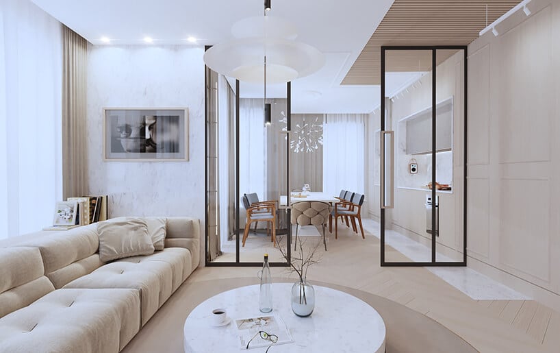 nowoczesny apartament od Sikora Wnętrza niski kamienny stolik w beżowo białym salonie