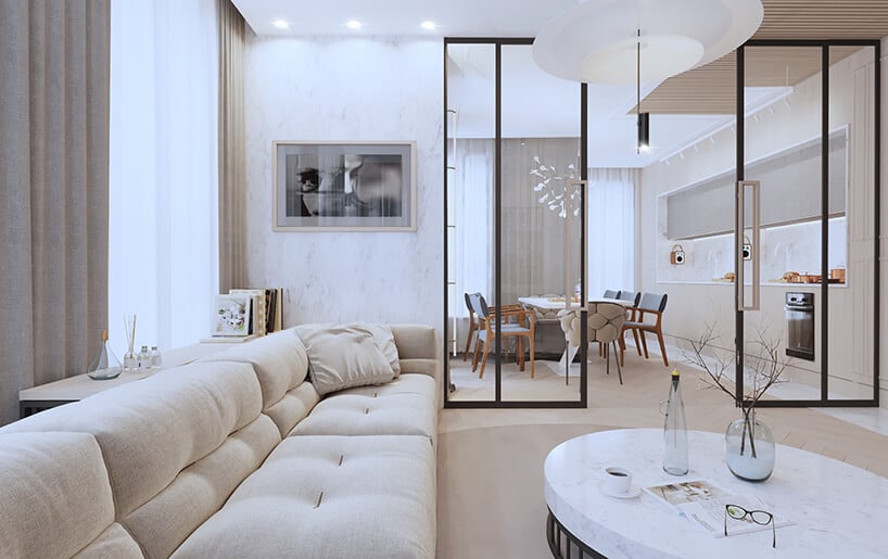 nowoczesny apartament od Sikora Wnętrza długa bezowa sofa w salonie