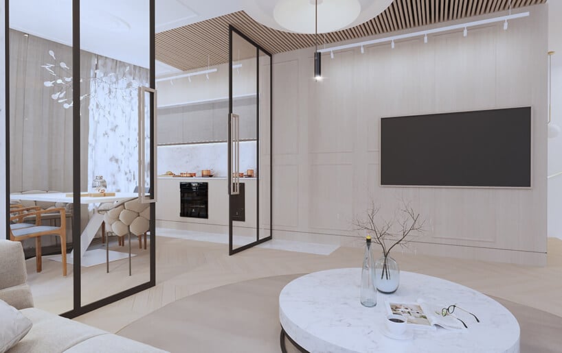 nowoczesny apartament od Sikora Wnętrza salon z beżową ścianą za dużym telewizorem