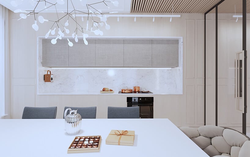 nowoczesny apartament od Sikora Wnętrza kuchnia wkomponowana w beżową ścianę