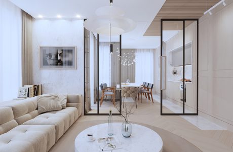 nowoczesny apartament od Sikora Wnętrza niski kamienny stolik w beżowo białym salonie