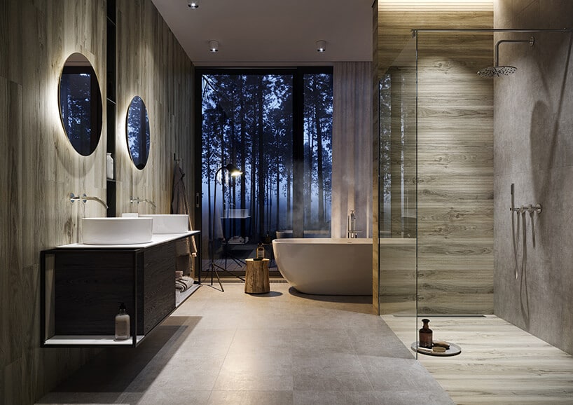 panele drewniane w formie kafli w salonie kąpielowym